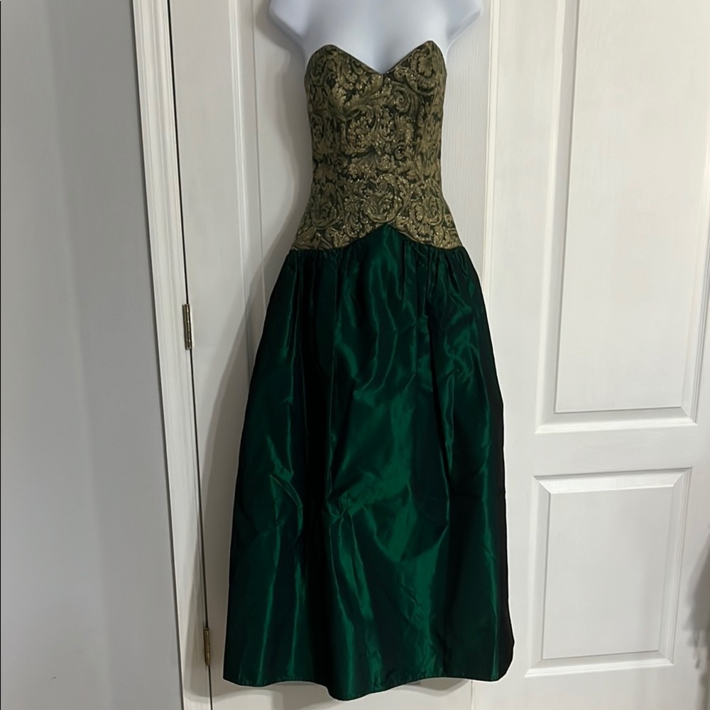 Vintage and Elegant Green and Gold Strapless Dress with matching jacket.